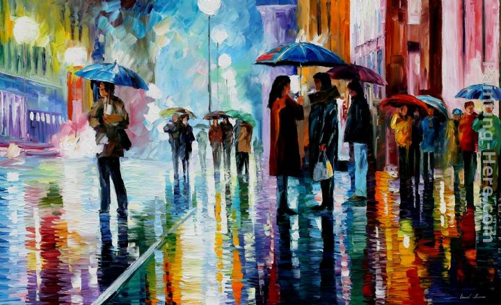 BUS STOP - UNDER THE RAIN painting - Leonid Afremov BUS STOP - UNDER THE RAIN art painting